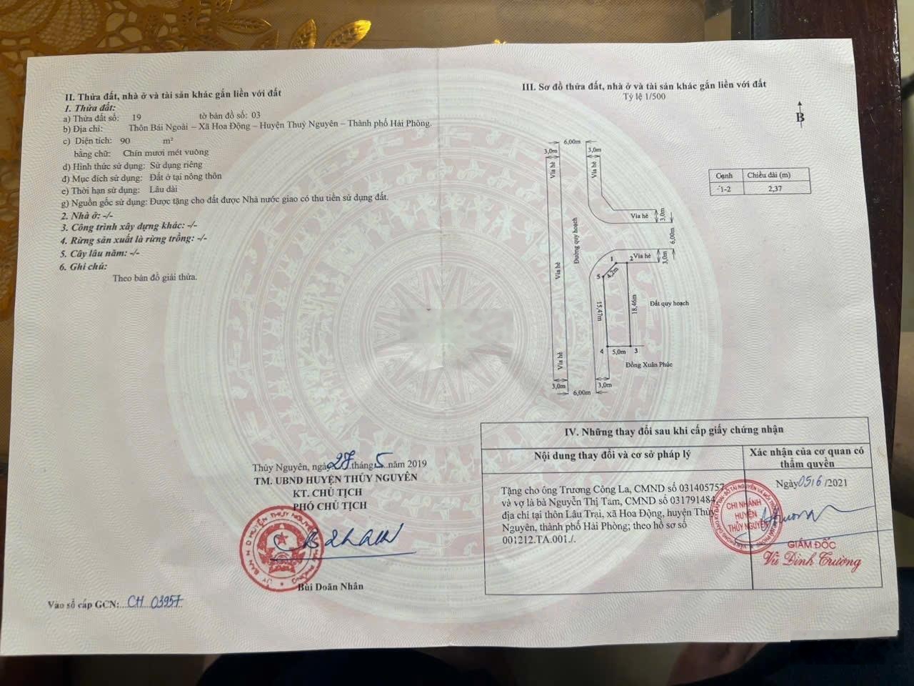 Bán đất 3 mặt tiền tại Hoa Động, Thủy Nguyên, Hải Phòng, 90m2, 47 triệu / m2