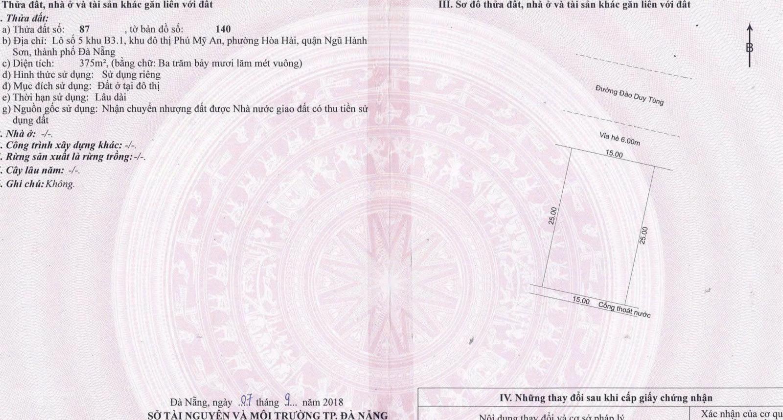 Bán gấp lô đất nền - 375m2 - Đường Đào Duy Tùng, Nam Đà Nẵng - Bên cạnh khu đô thị FPT