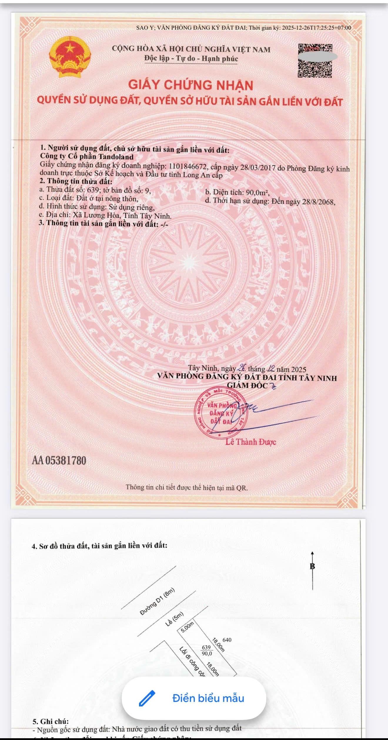 Bán đất full thổ 90m2 - đường nhựa 20m - đường Võ Văn Kiệt mở rộng - Vành Đai 3,4 - Metro tương lai