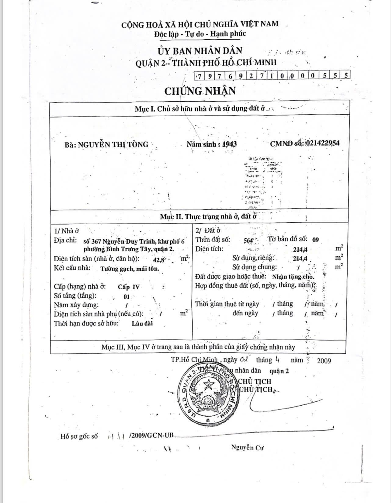 Cần bán lô đất mặt tiền Đường Nguyễn Duy Trinh, khu phố 6, phường Bình Trưng Tây, Quận 2, TP.HCM