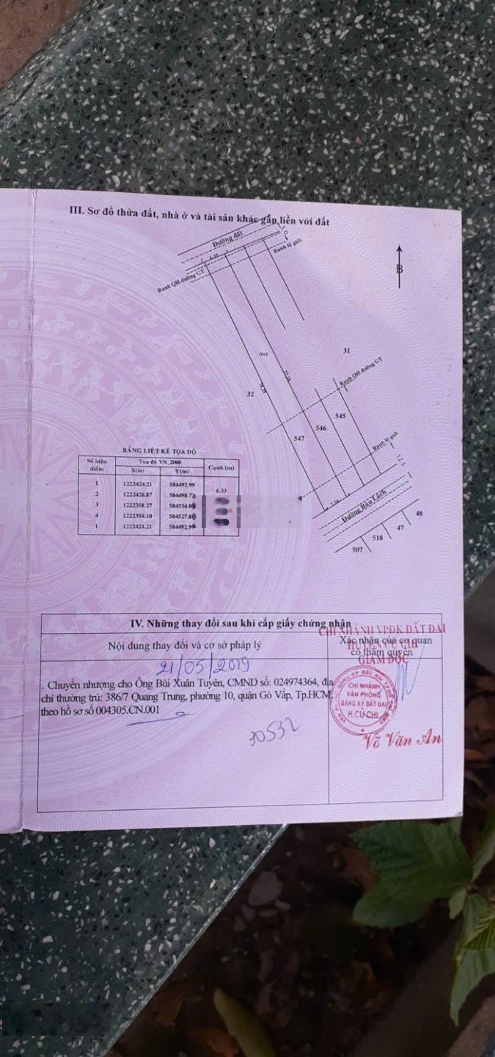 Trục chính Bàu Lách thuộc xã Phạm Văn Cội, Củ Chi DT: 1448,9m2 thổ cư 852,7m2 ngang 21m x 75m KDC