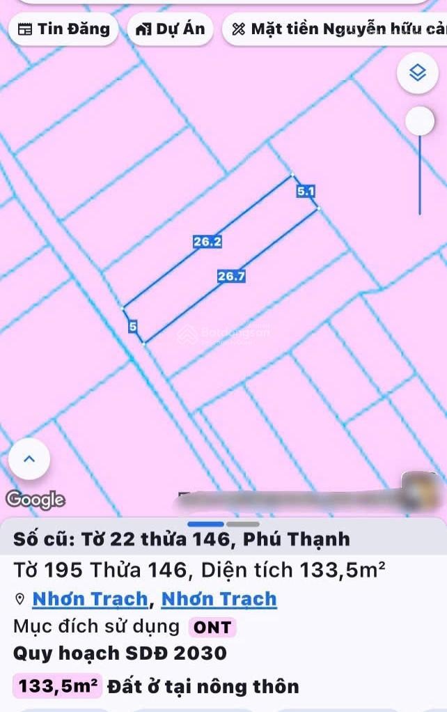 Bán gấp đất dt 133,5m2 tại Phú Thạnh, Nhơn Trạch. Full thổ cư, giá đầu tư sinh lời tương lai gần