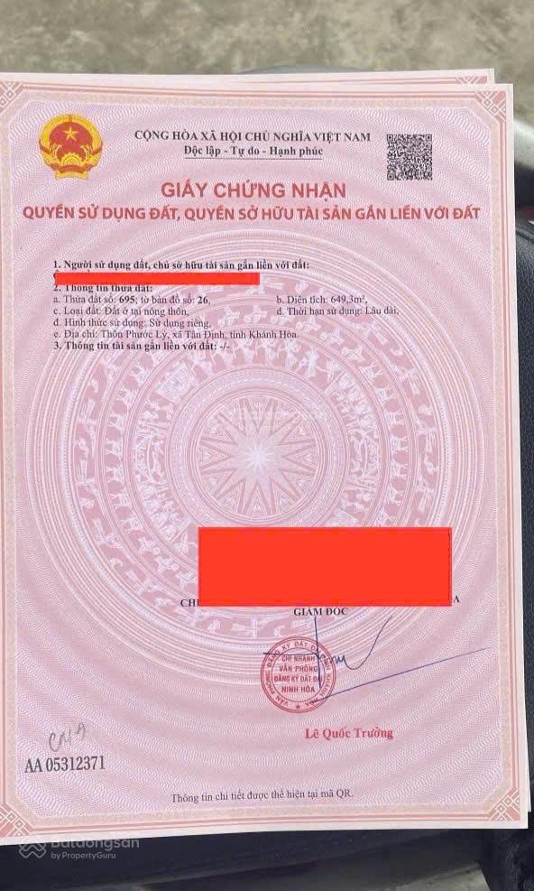 Chính chủ cần bán lô đất full thổ cư, DT: 90m2 tại Phước Lý, Ninh Bình, Ninh Hòa