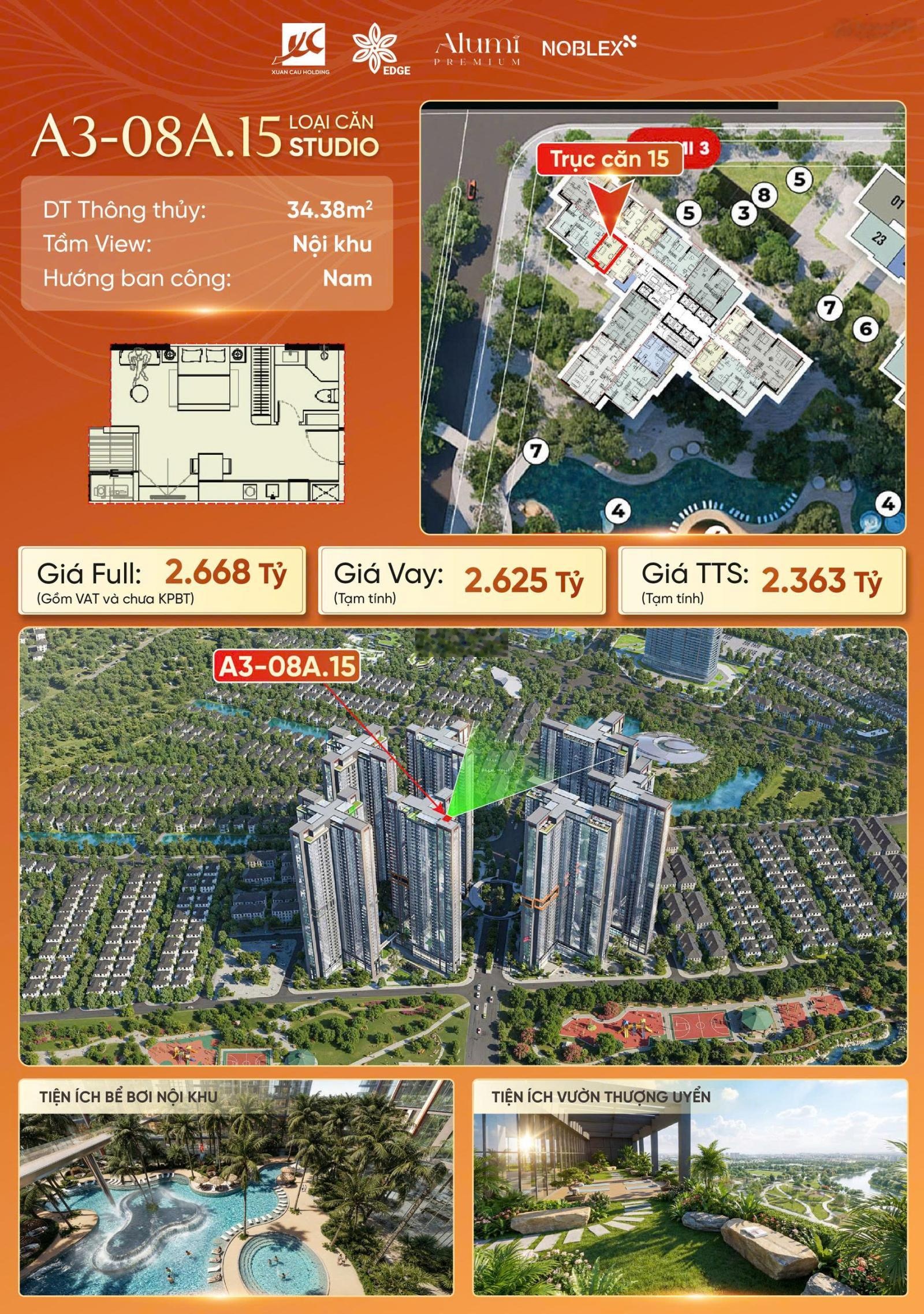 Alumi còn lại 1 căn studio giá tốt nhất 2tỷ363, ban công chính Nam mát mẻ luôn ạ