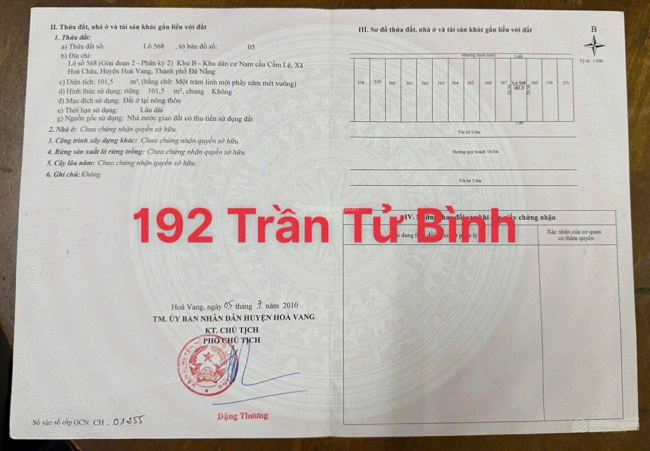 Bán gấp Đất tại Trần Tử Bình, P Hoà Xuân, Đà Nẵng, 5,45 tỷ, 100m2