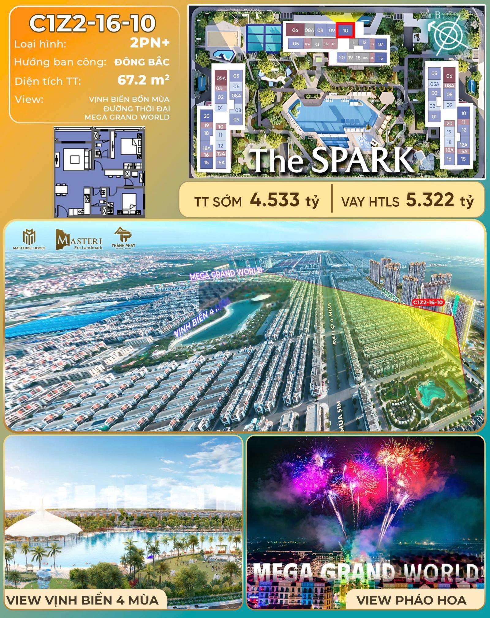 Căn hộ 2PN góc - Tầng 16 view vịnh biển 4 mùa và pháo hoa tòa The Spark Ocean Park 3