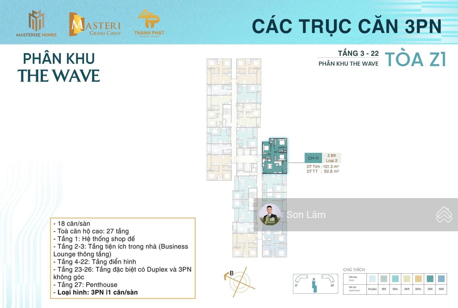 Bán căn 3 ngủ góc - Tòa L1 - Tầng trung - View Bể bơi + Biển hồ tạo sóng - Masteri Grand Coast
