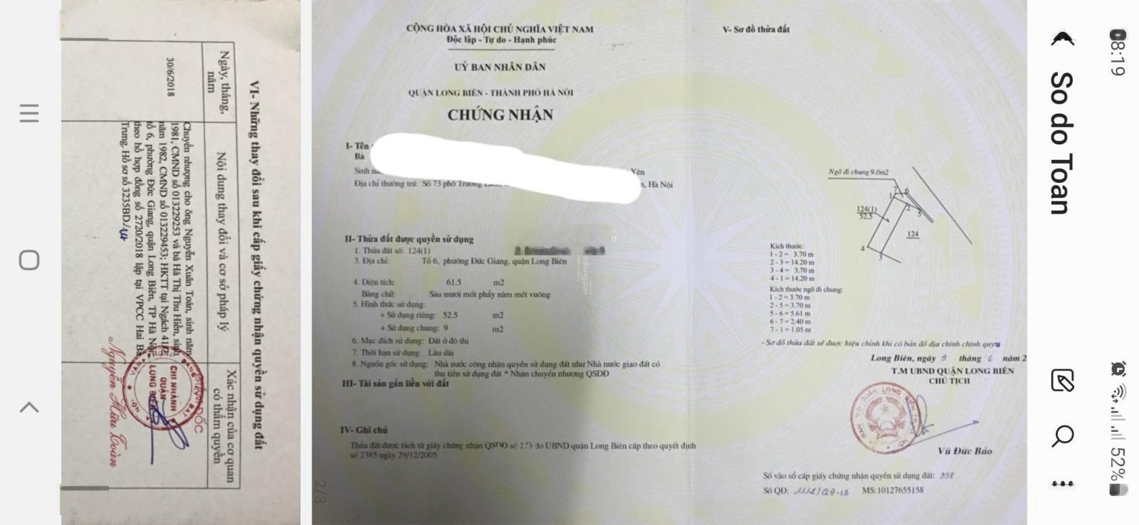 Đất thổ cư chính chủ. KT 3.7 x 14.2m. Diện tích thực hơn 60m2