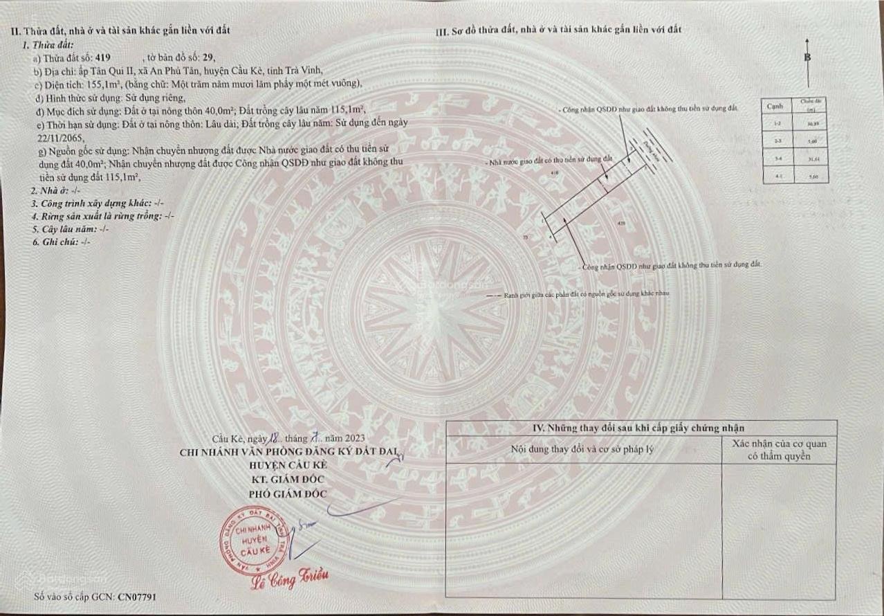 Bán lô đất đẹp mua sinh lời cao. xã Phú Tân. Huyện Cầu Kè. Trà Vinh