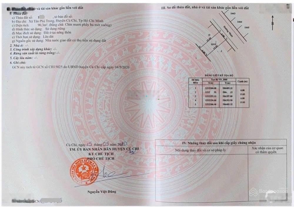 Bán gấp lô đất 90m2 giá 1ty2 đường Cây Da xã Tân Phú Trung, Củ Chi gần trường học - sổ hồng riêng