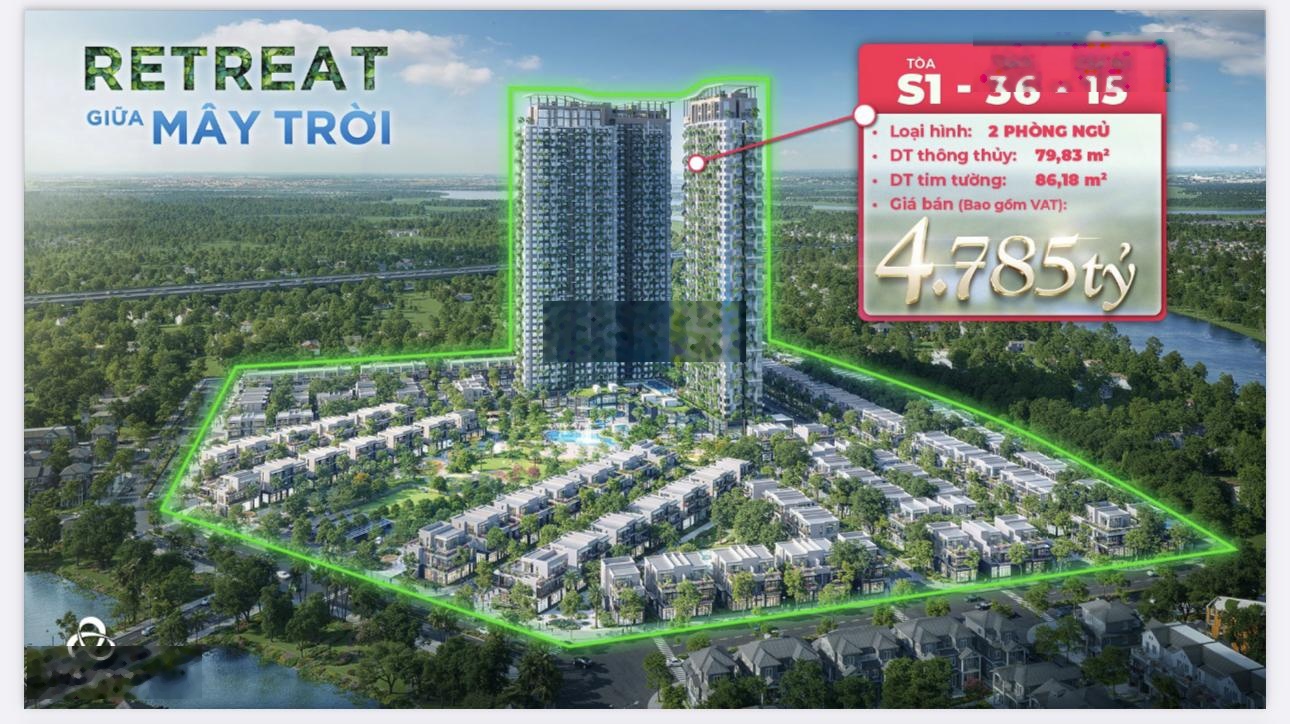 Căn hộ cao cấp Sky Retreat 86.4m2 2PN2WC view triệu đô biệt thự Đảo-Hồ Thiên Nga, miễn gốc lãi 30th