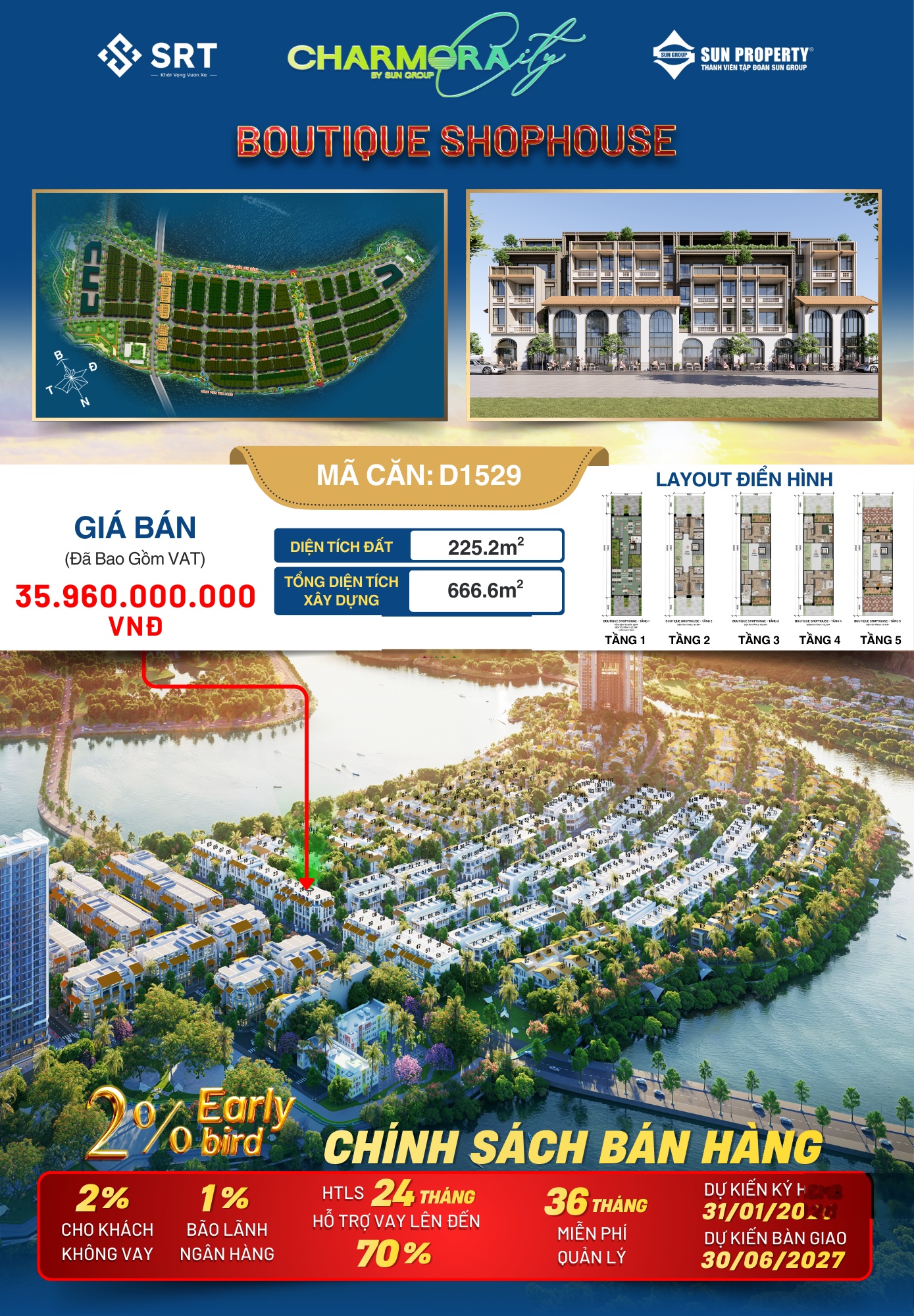 Căn boutique shophouse 2 mặt tiền D15XX trục kinh doanh 27m giá CĐT Charmora City - Sun Nha Trang