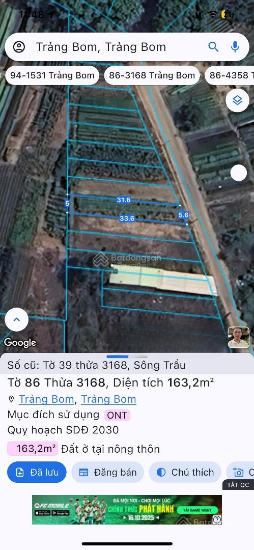 Bán đất 163,2m2 tại xã Sông Trầu, Trảng Bom, Đồng Nai, giá ưu đãi 1,5 tỷ