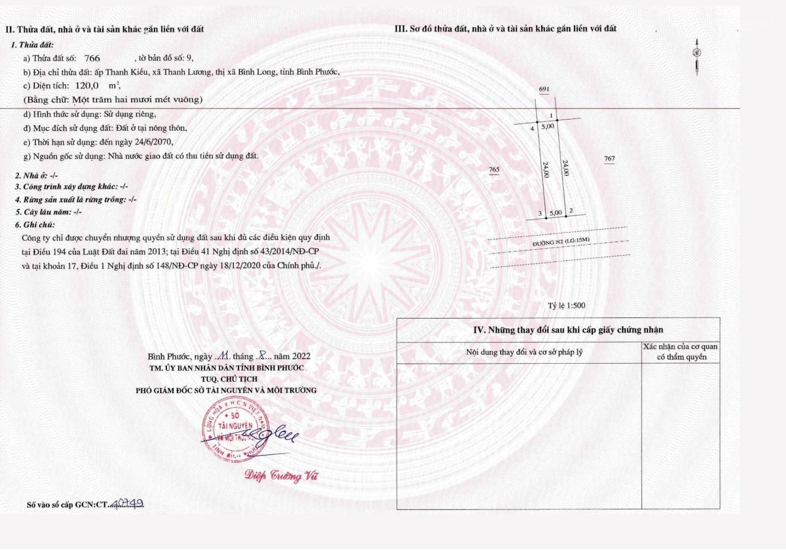 Chuyển nhượng thửa đất số đẹp 766 tại KDC Ngọc Điền Phát Bình Long