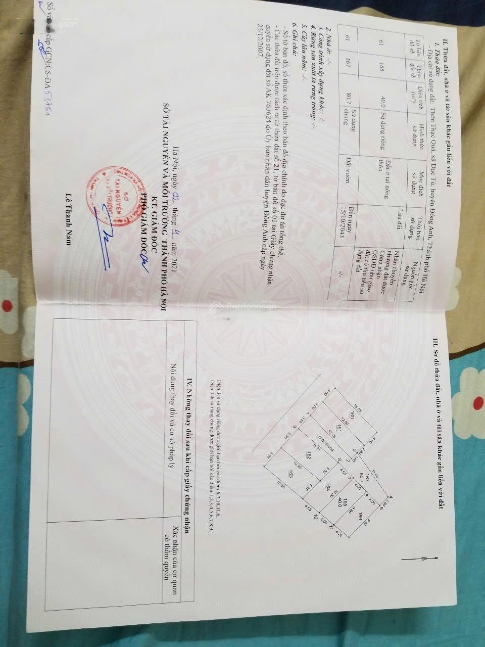 Bán lô đất đẹp thôn thạc quả - x. dục tú - đông anh - hn. dt : 40m2. mặt tiền 4m hướng: tây nam.