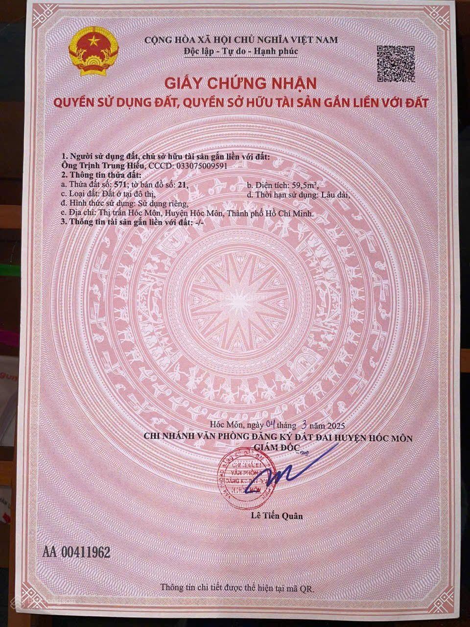 Bán đất tại Quang Trung, Hóc Môn, 2,95 tỷ, 59,5m2, mặt tiền 7m, pháp lý đầy đủ, giá tốt!