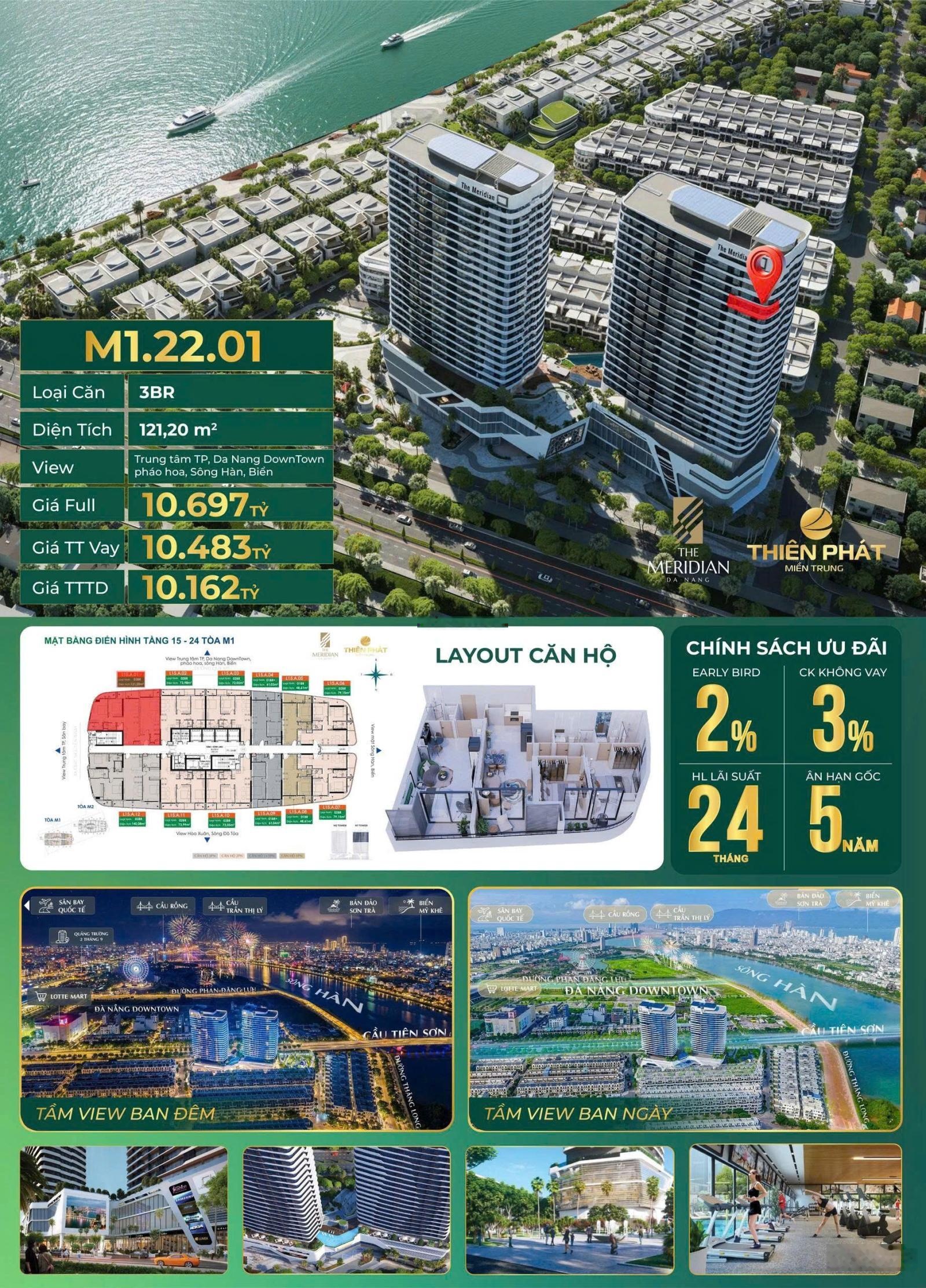 Căn hộ cao cấp Meridian 3PN - Dualkey vừa ở vừa cho thuê View Pháo Hoa Đà Nẵng Downtown