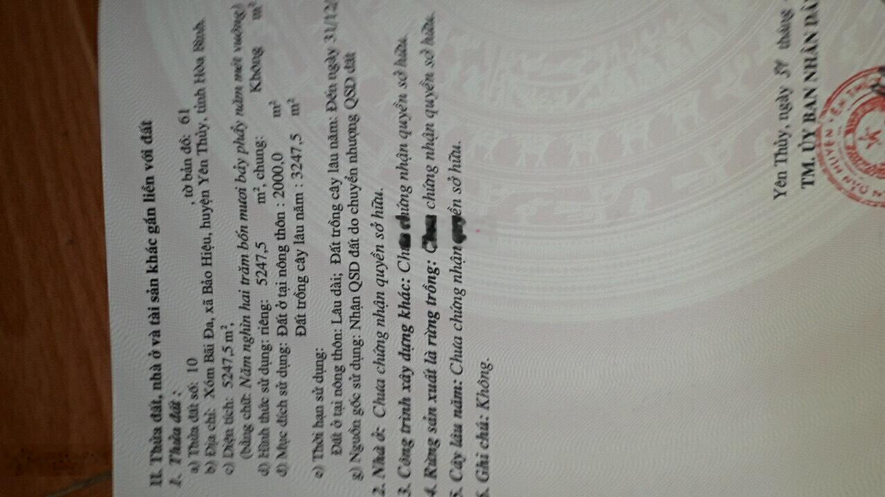 Bán đất Thổ Cư tại Xã Bảo Hiệu, Yên Thủy, Hòa Bình, 15 tỷ, 5247.5m2, thổ cư 2000m2