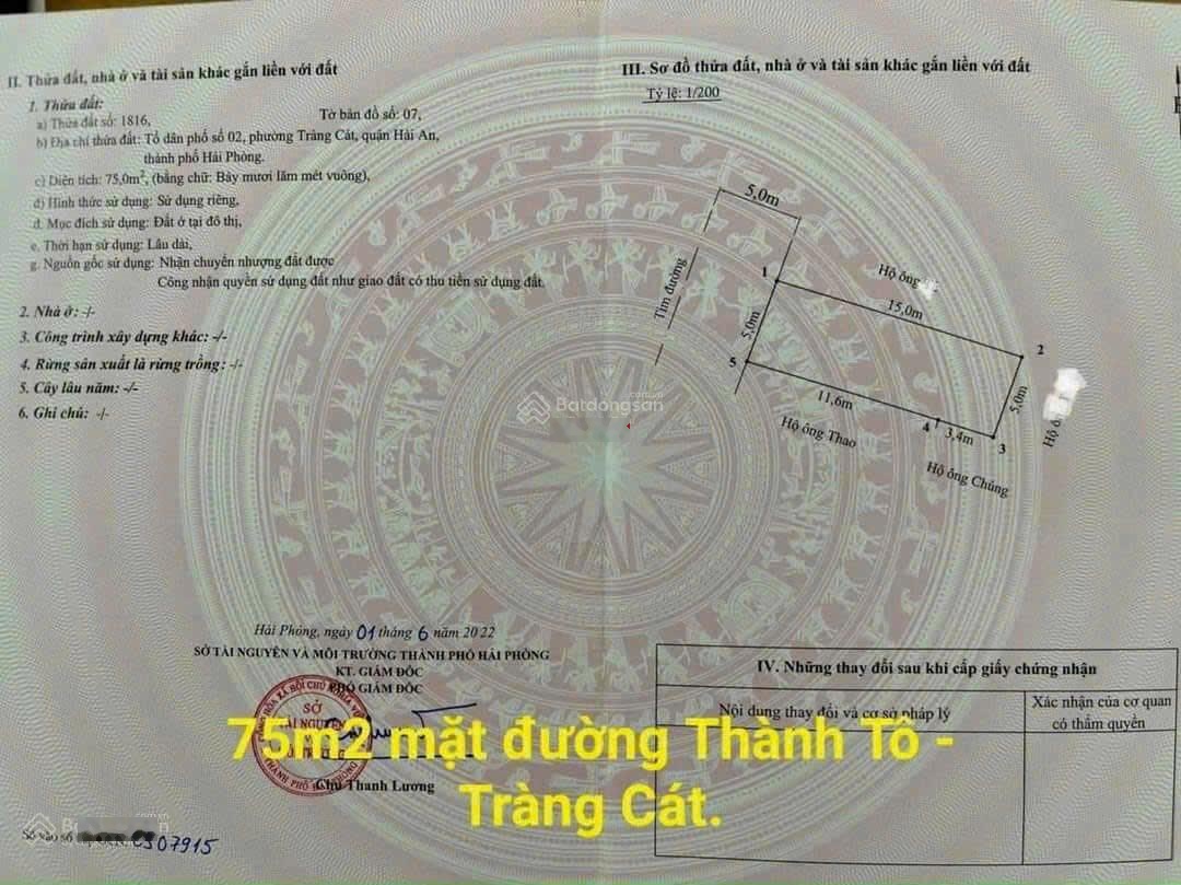 Bán đất đẹp mặt đường Thành Tô, Tràng Cát 75m2 giá chỉ hơn 3 tỷ