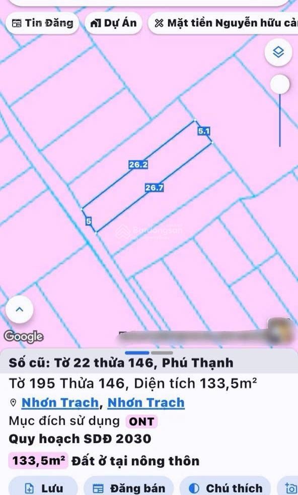 Bán đất 133,5m2 giá cực chất tại Phú Thạnh, Nhơn Trạch. Full thổ cư, hàng đẹp săn ngay trước Tết