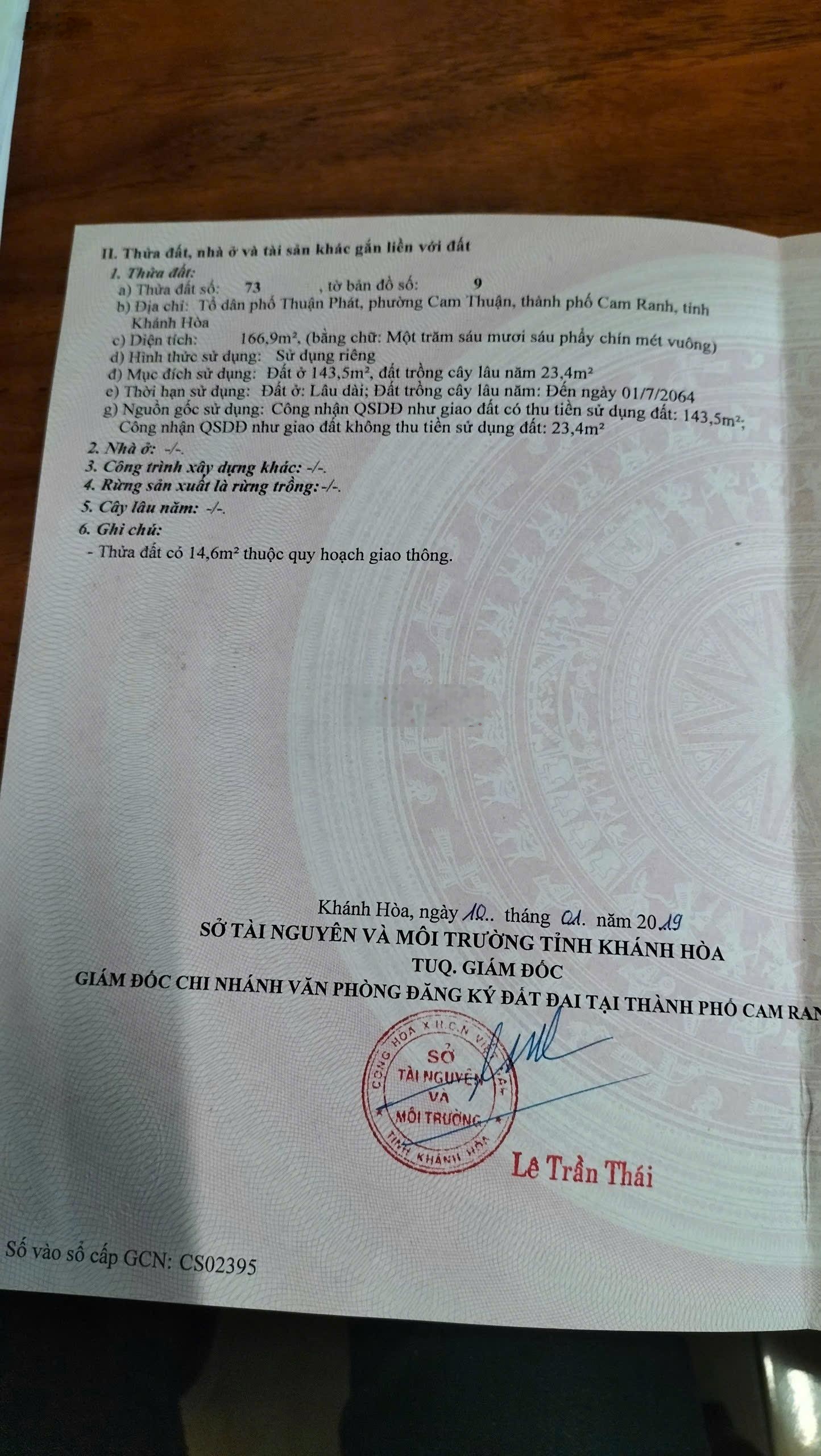 Bán lô đất full thổ cư tại TTTP Cam Ranh với diện tích 166.9m2, 3 mặt tiền ( Một mặt tiền QH rộng )