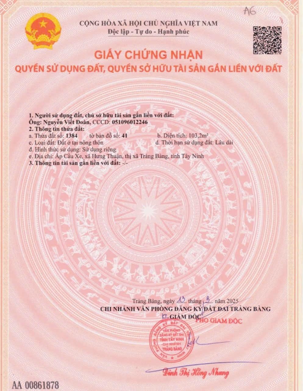 Em nắm chính chủ cứng ngắt lô đất thổ cư với (103m2) ngay Thị xã Trảng Bàng. Giá 590tr thương lượng