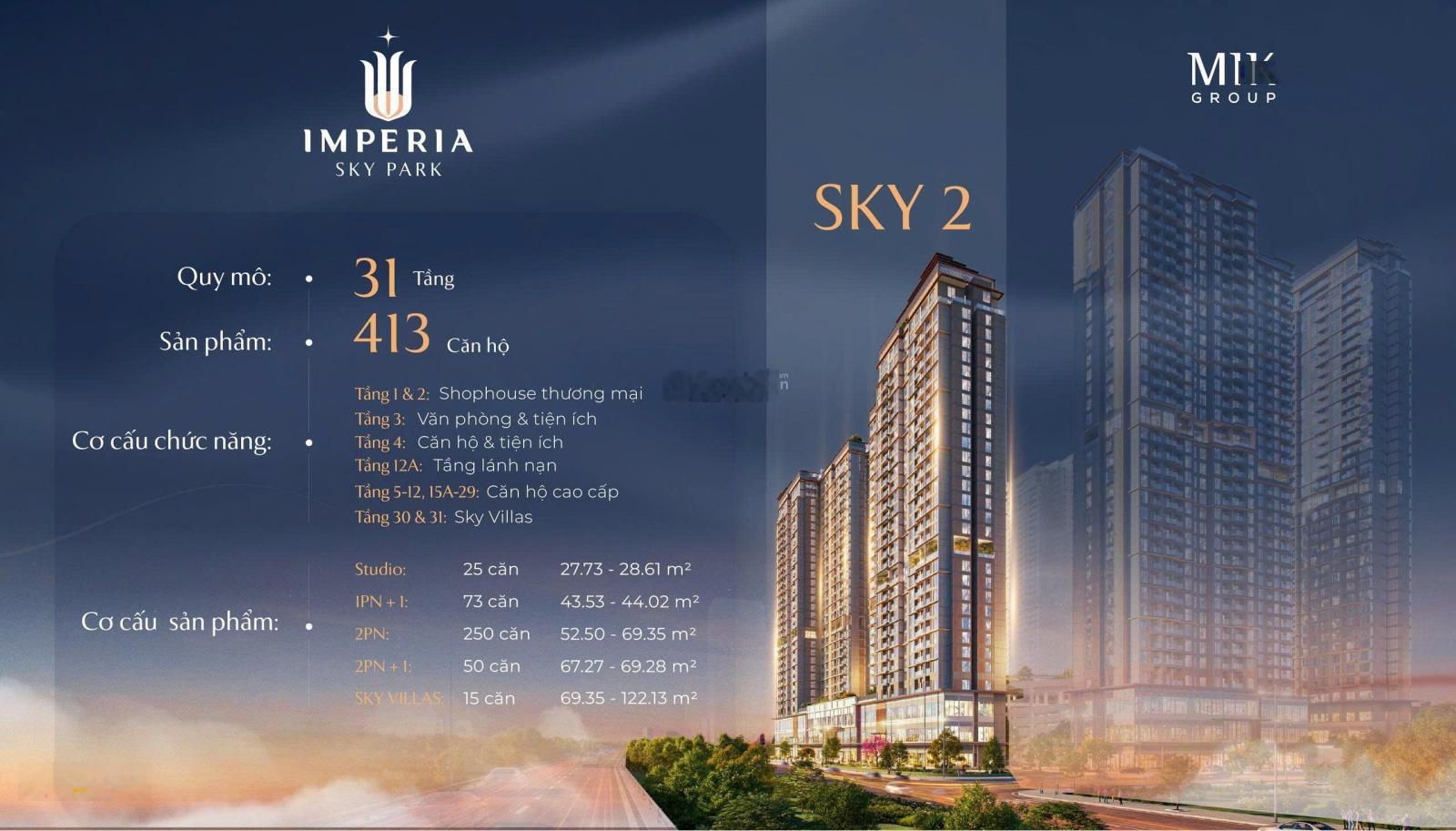**Chính thức nhận booking Imperia Sky Park - MIK. Chưa tới 90tr/m2 sở hữu căn 2N2VS cao cấp Hà Nội