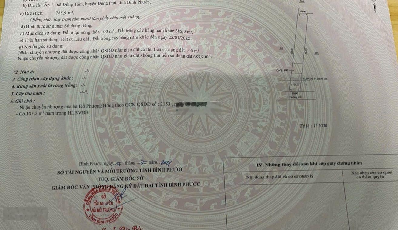 Lô đất 785m2 đất thổ cư - Đồng Tâm - Đồng Phú - Bình Phước giá đầu tư 1 tỷ 350 - đang cần bán Gấp