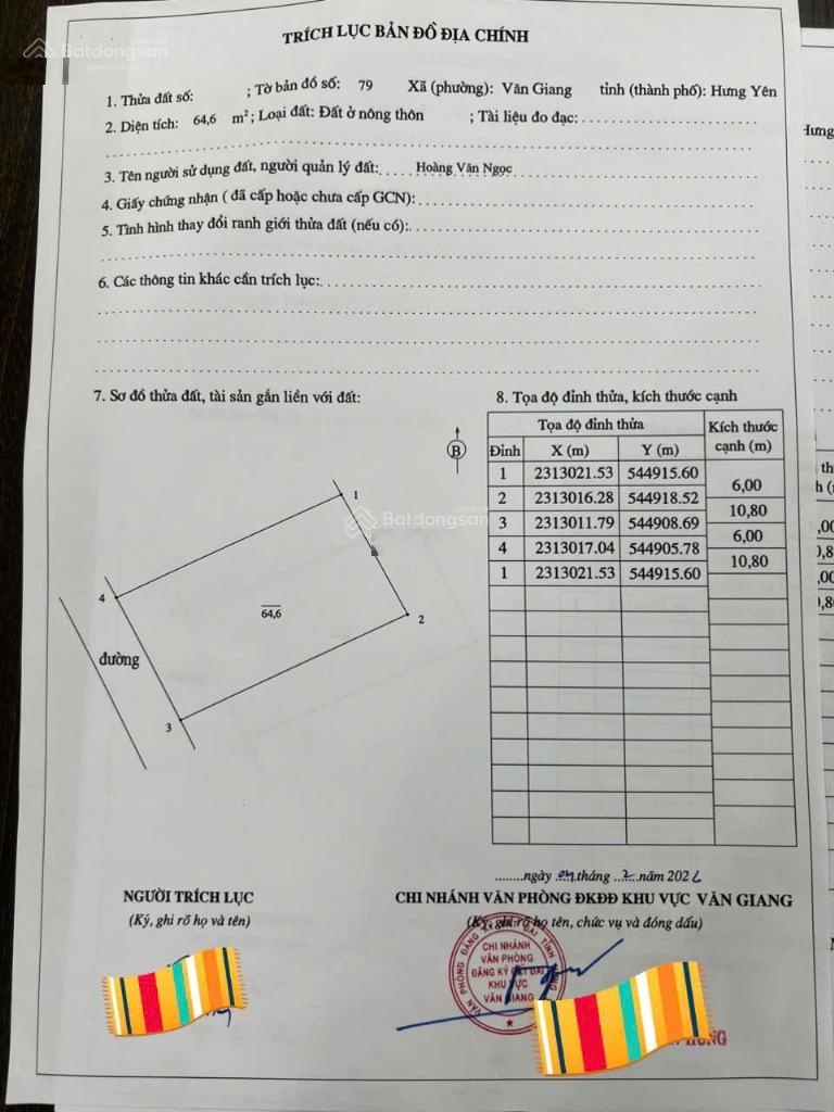 Bán đất F0 Văn Giang 64,5m² thổ cư Gần Vành đai 4, sân vận động, khu đô thị lớn