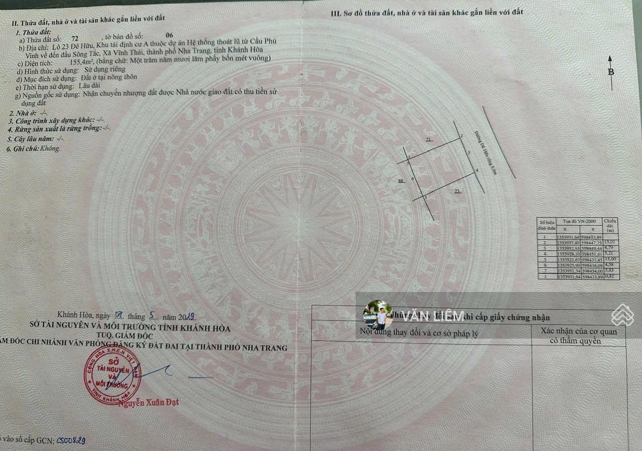 Bán đất đường đê hữu view Sông Tắc. Khu TĐC Vĩnh Thái Tây Nha Trang - Diện tích: 155,4m2