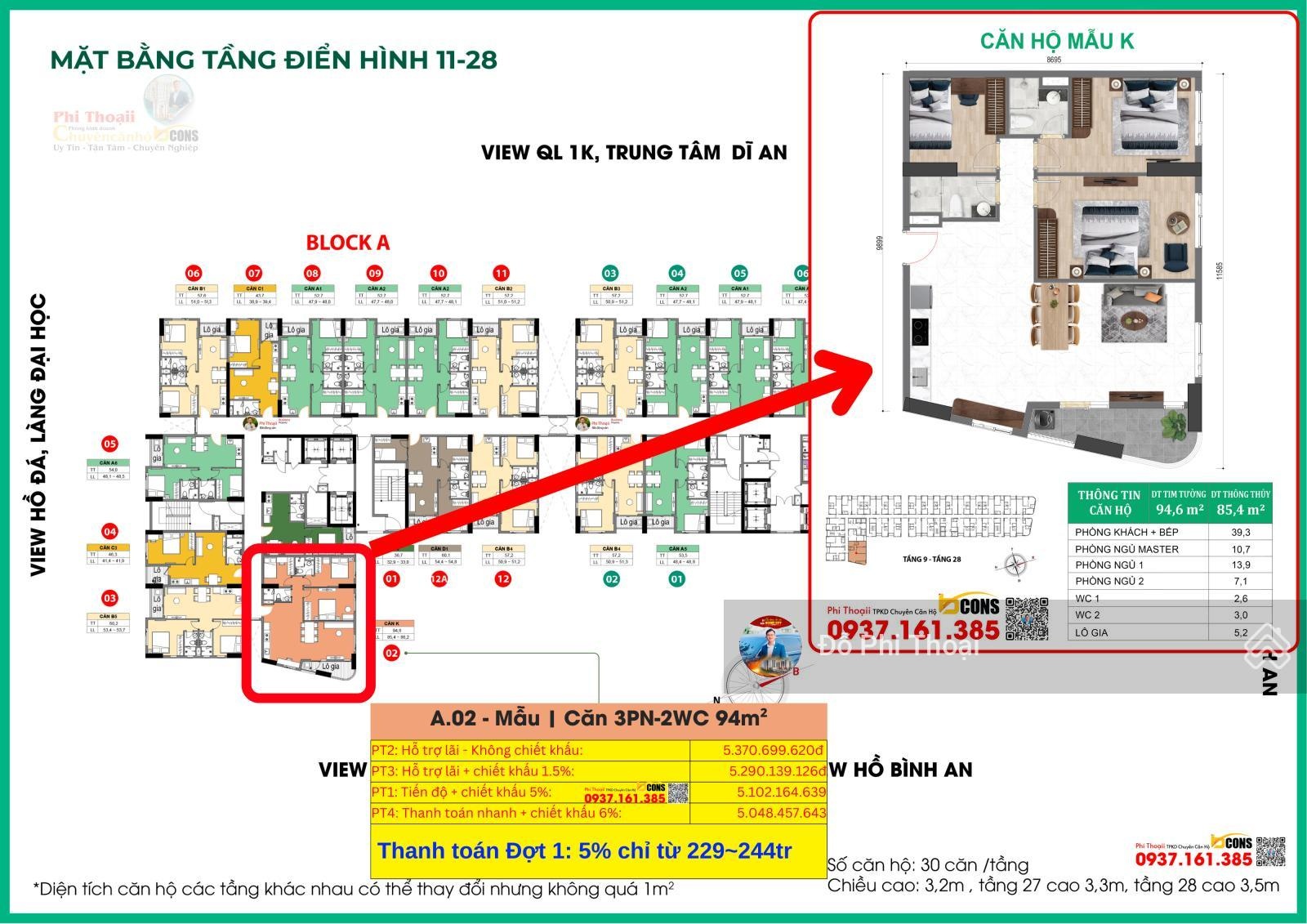 Hot! Duy nhất 1 căn 3PN-2WC 94m² diện tích lớn nhất toàn khu đô thị Bcons City & Bcons Center City