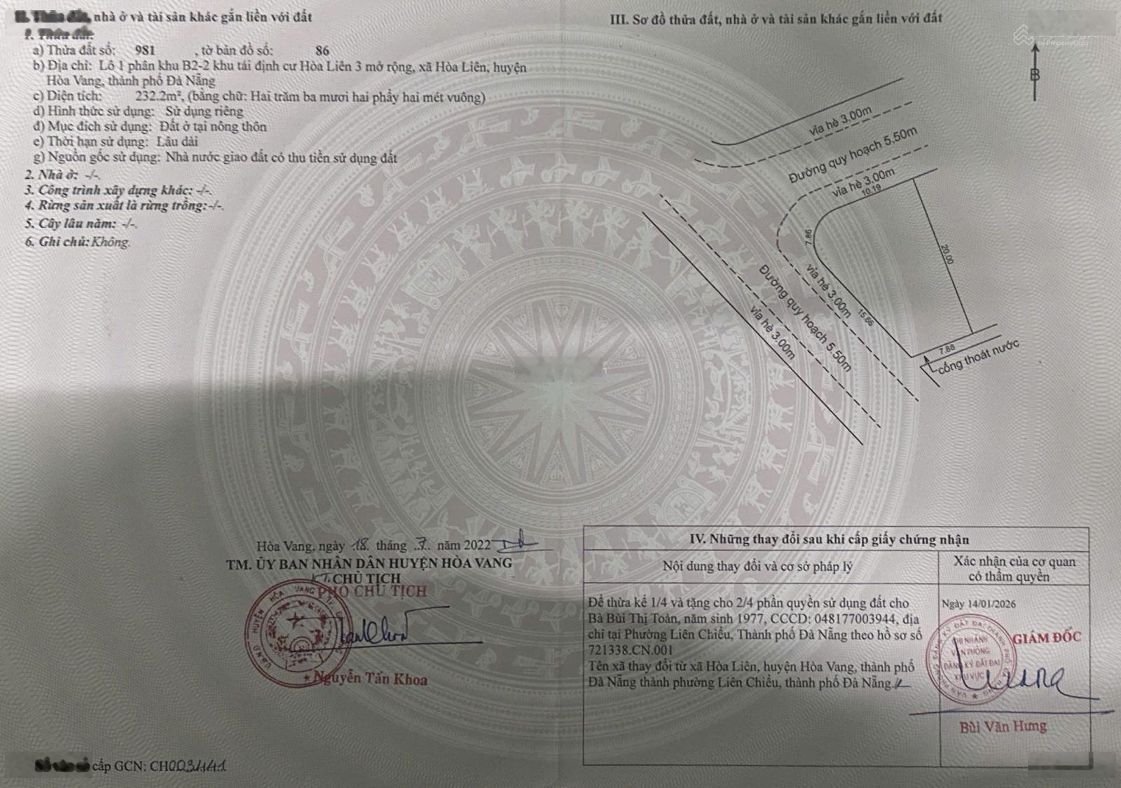 Bán lô góc hòa liên 3.liên chiểu-đà nẵng..diện tích 230m..2 mặt đường 5m5.giá 4ty350 triệu