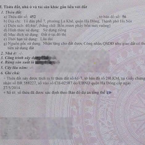 7 tỷ, DT 40.4m2, MT 3.6m, trước nhà 3m, gần ô tô, đối diện chợ Văn La, Hà Đông
