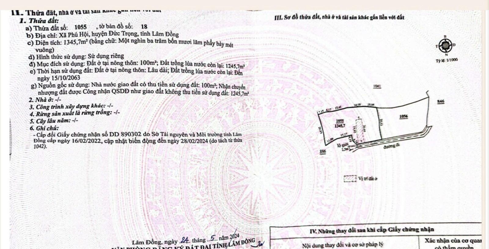 Bán 1300 m2, có 100 m2 thổ cư, giá 1.6 tỷ tại xã Đức Trọng, tỉnh Lâm Đồng. Gần mọi tiện ích