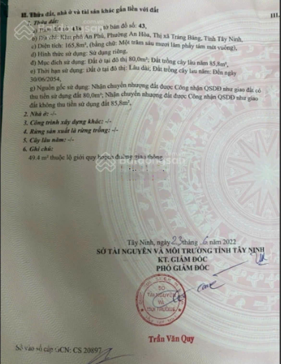 Chủ kẹt tiền cần bán lô đất Đ.Nguyễn Du gần chợ Trảng Bàng cách 500m. DT 165m2 giá 600 tr. SHR