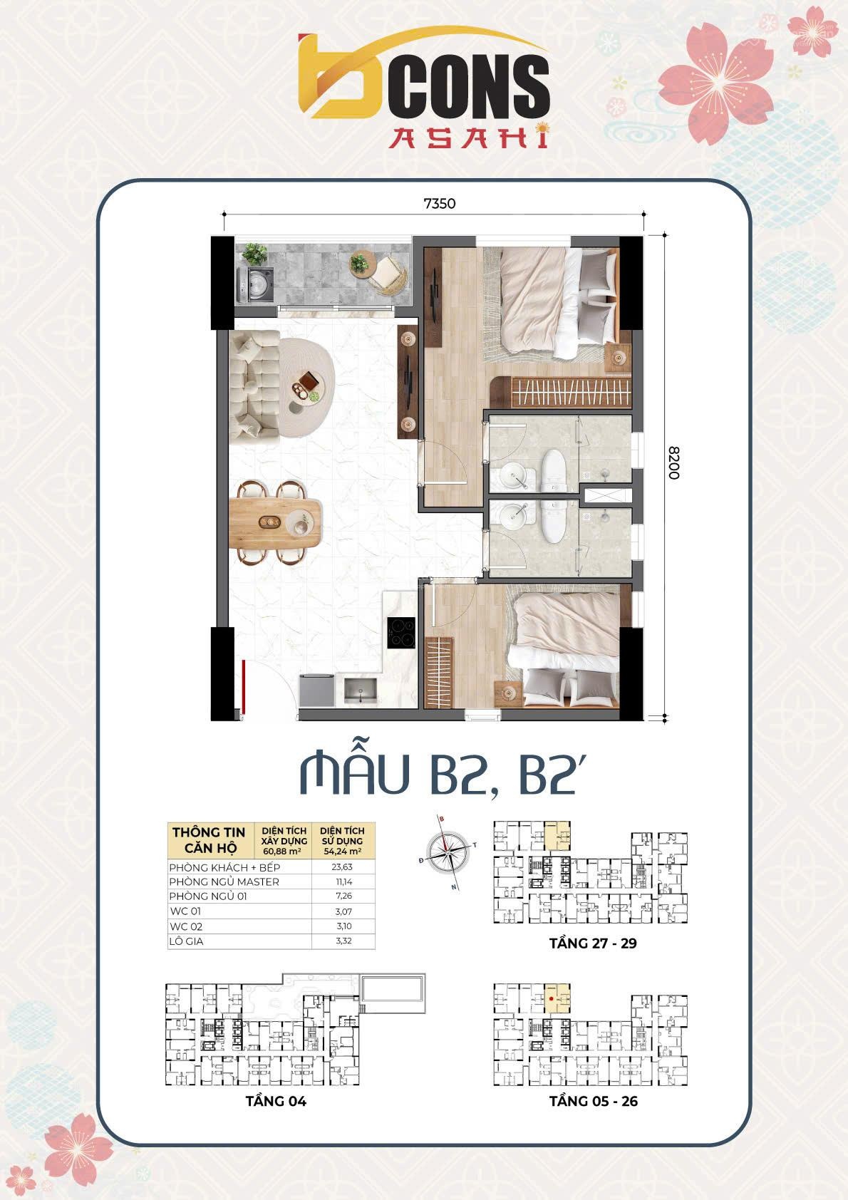 Bán căn góc giá gốc CĐT Bcons 2PN + 2WC đẹp nhất dự án, ban công Đông Nam siêu mát mẻ. Bcons Asahi