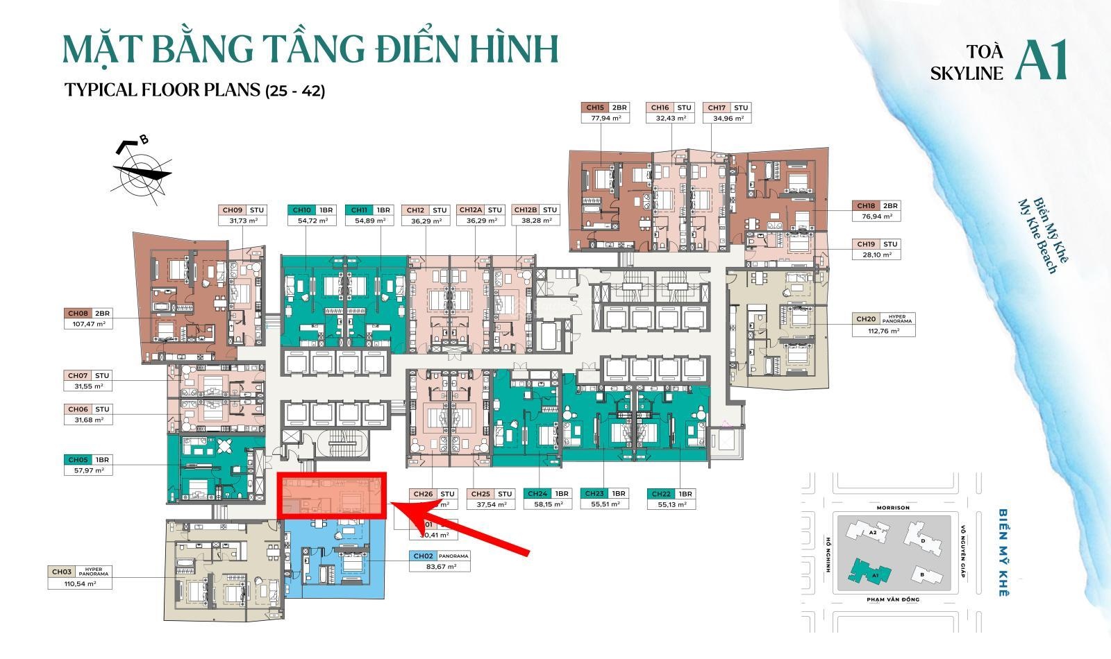 Căn studio SLA mã căn 01 The Soleil view trực diện biển đẹp nhất dự án, tầng cao 2x