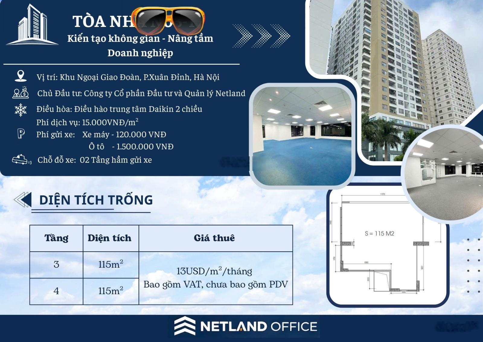 Cho thuê sàn văn phòng khu Ngoại Giao Đoàn, NO3 - Bắc Từ Liêm 115m2, chỉ 334.490đ/m2 gồm VAT