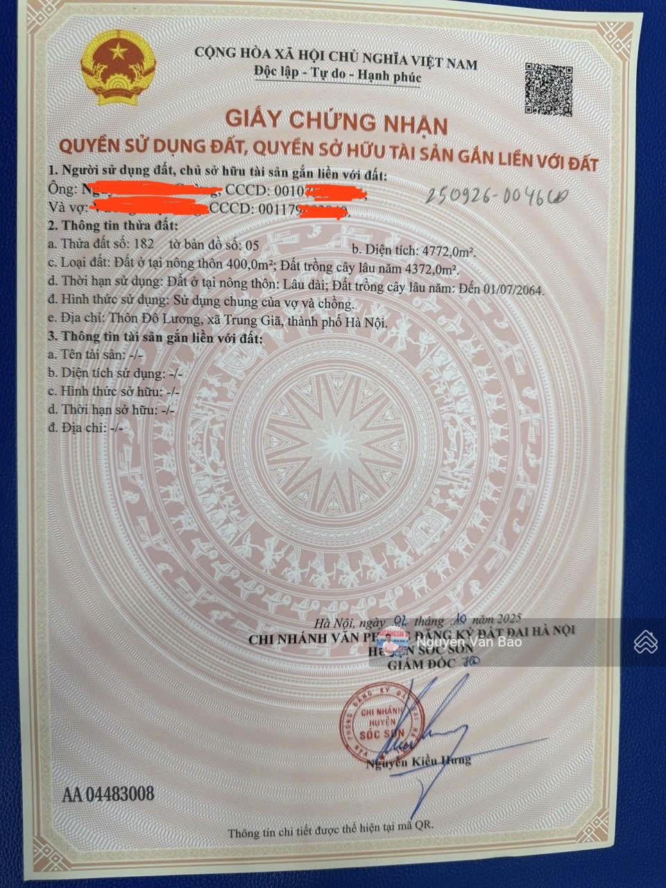 Chính chủ chuyển nhượng lô đất lô góc 3 mặt tiền tại xã trung giã , hà nội