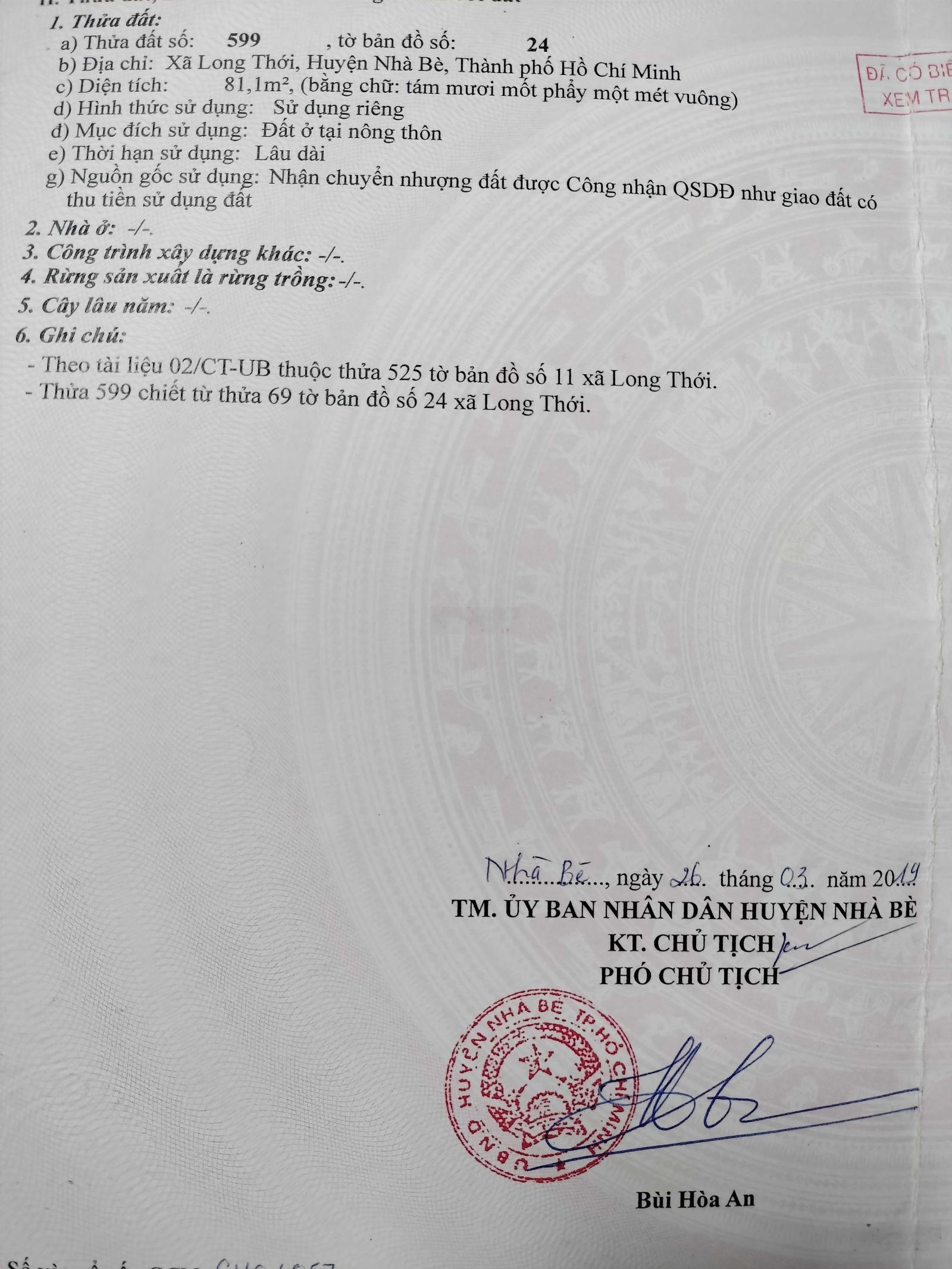 Bán đất thổ cư đã có sổ, xã Long Thới, huyện Nhà Bè, 7.2x11.25m, giá 3,2 tỷ