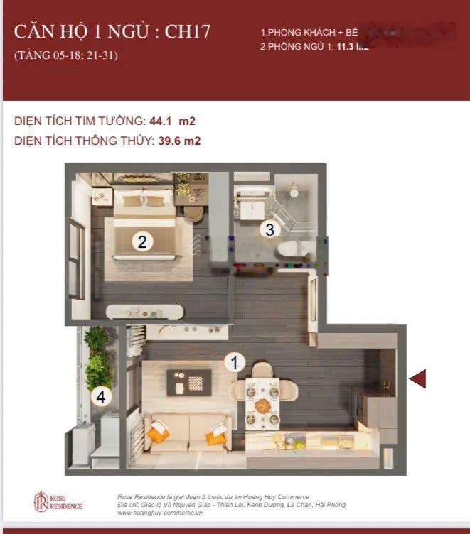 Bán căn 1.5 phòng ngủ tầng đẹp giá tốt nhất toà Rose Residence