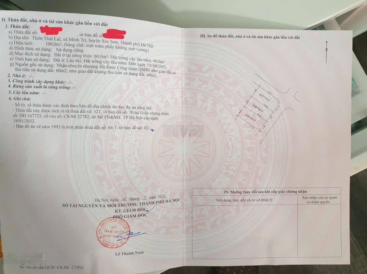 Bán đất 100m2 tại Đường Thái Lai, Xã Minh Trí, Sóc Sơn, Hà Nội