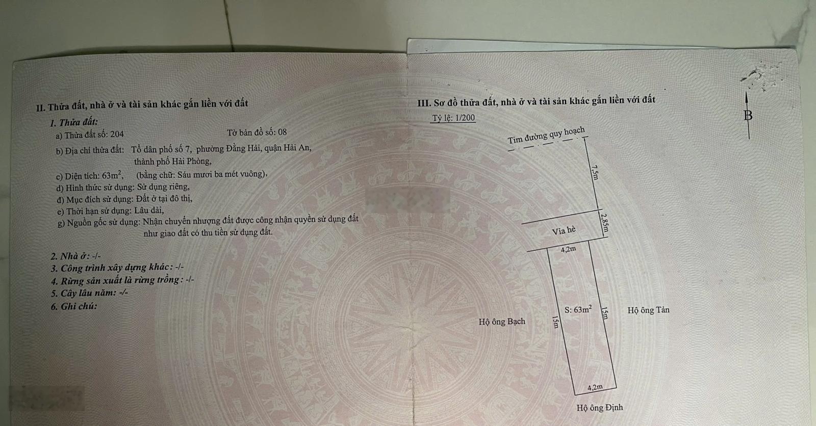 Spcc - bán lô đất phân lô Trần Đông - Lê Hồng Phong - Đằng Hải - Hải An - HP. DT: 63m2 ngang 4.2m