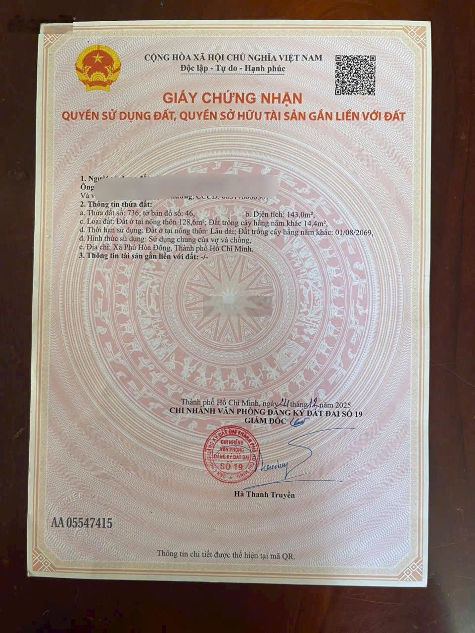 CC bán đất, sổ đỏ, xã Tân Thạnh Đông, Củ Chi, 143m2, 2,25 tỷ có thương lượng