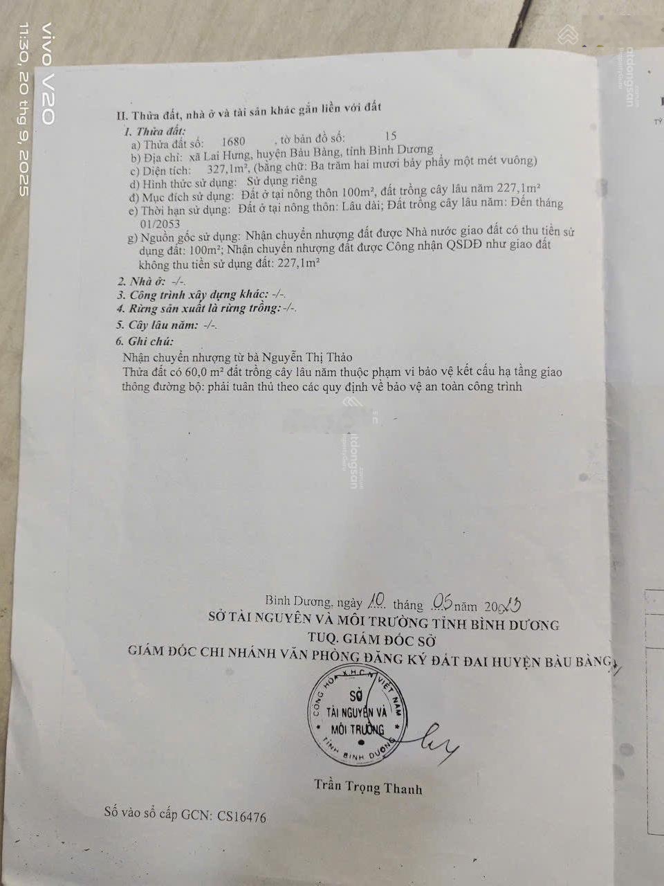 Đất Lai Hưng Bàu Bàng cách KCN 3km, cách QL13 600m tổng 327,1m2 có 100m thổ cư