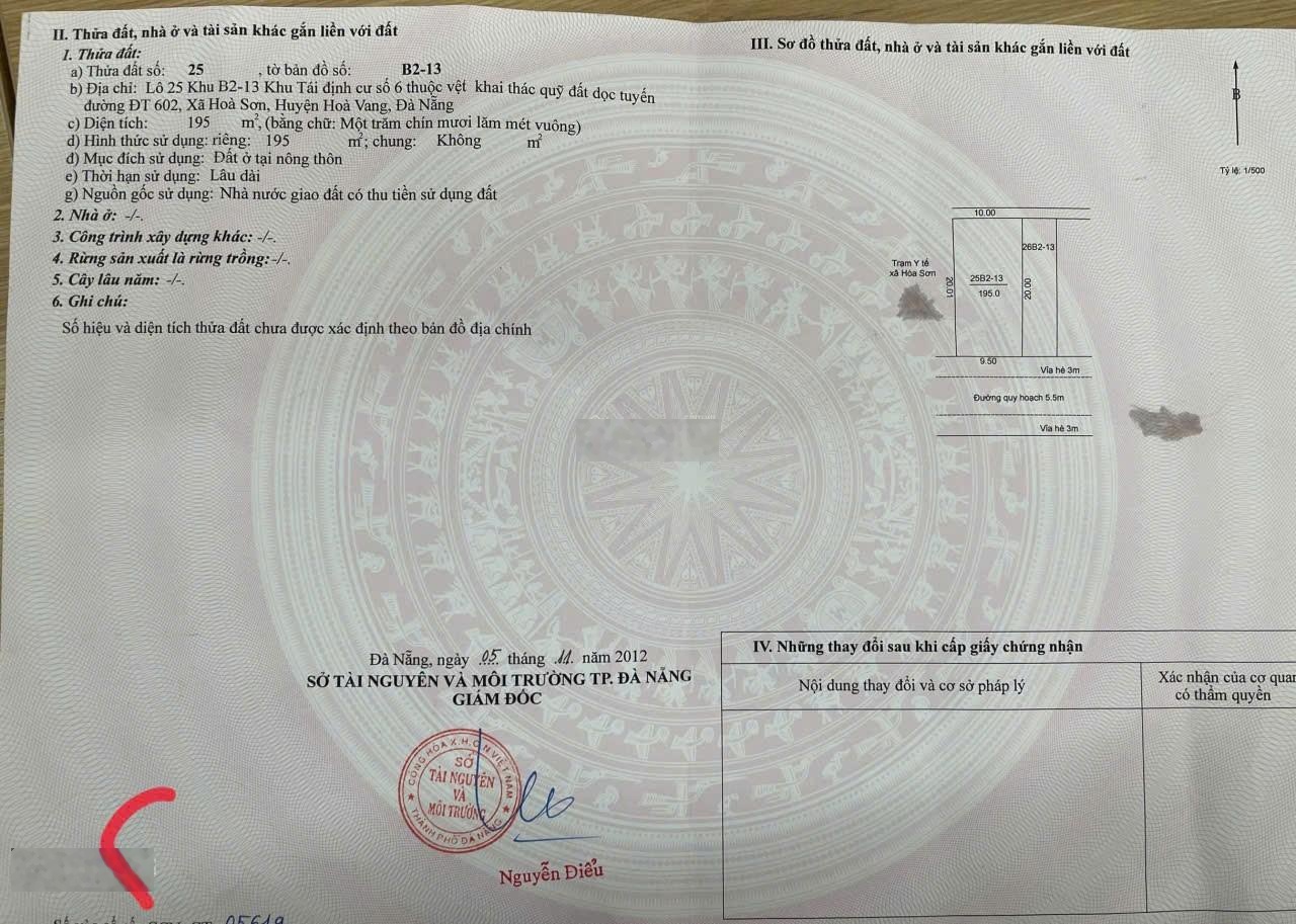 Cần bán lô đất nền 195m2 khu tái định cư hoà sơn 6.phường hoà khánh.đà nẵng