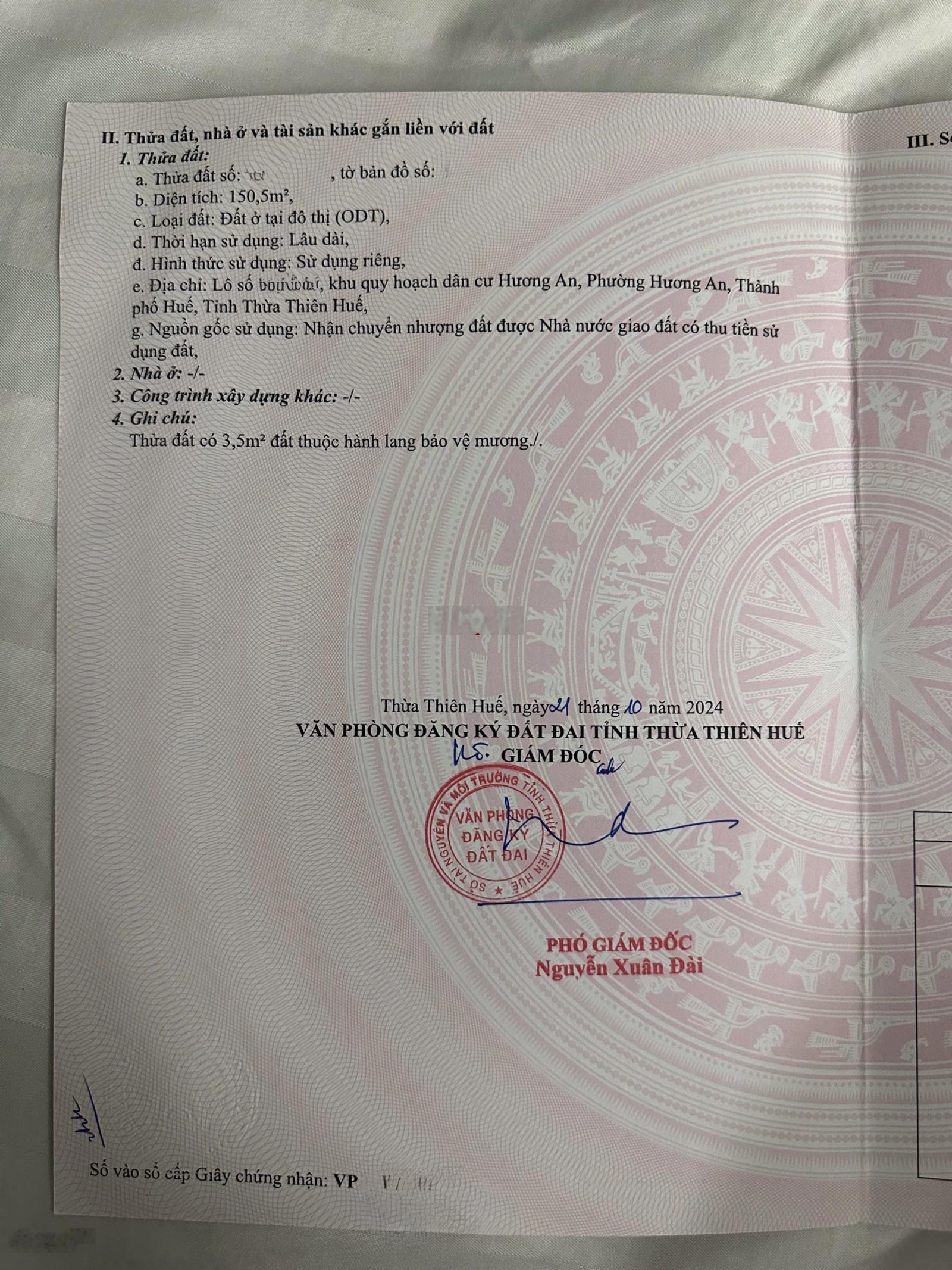 Bán đất khổ 150m2 khu quy hoạch Hương An TP Huế - gần công viên lớn - trục chính