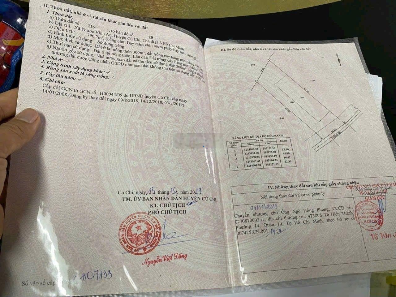 Bán đất xã Phước Vĩnh An, DT 16x52=790m2, thổ cư 300m2, gần đường Hồ Văn Tắng giá chỉ 5,7 tỷ