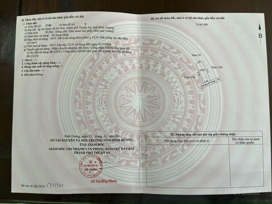 Chủ cần sang lại miếng đất DT 83m2, đã có 64m2 thổ cư. Khu vực sát đường An Sơn 01