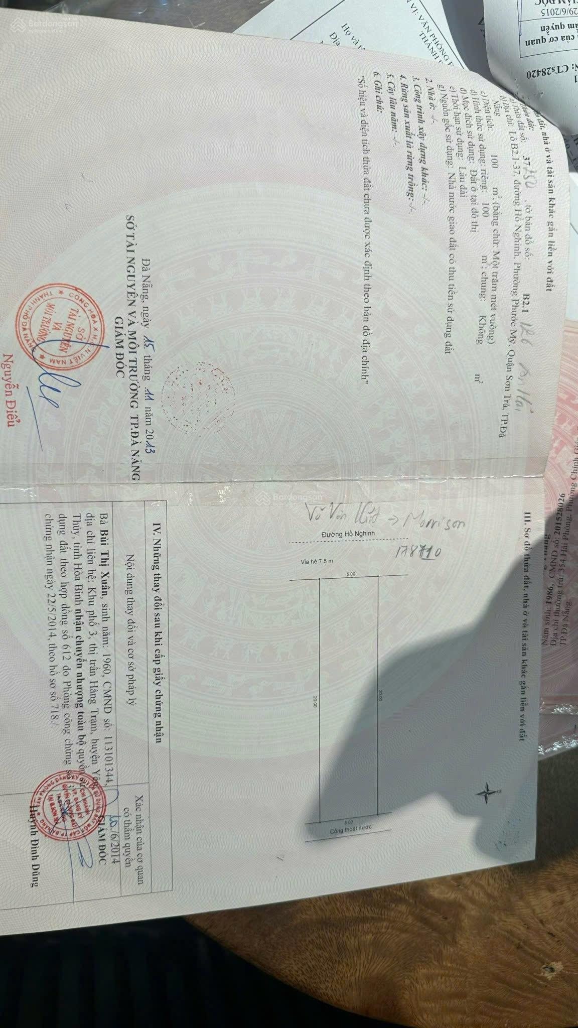 Bán đất: Hai mặt tiền đường 15m Hồ Nghinh. Ngay trung tâm tài chính. Diện tích 300m2. Xây 14 tầng